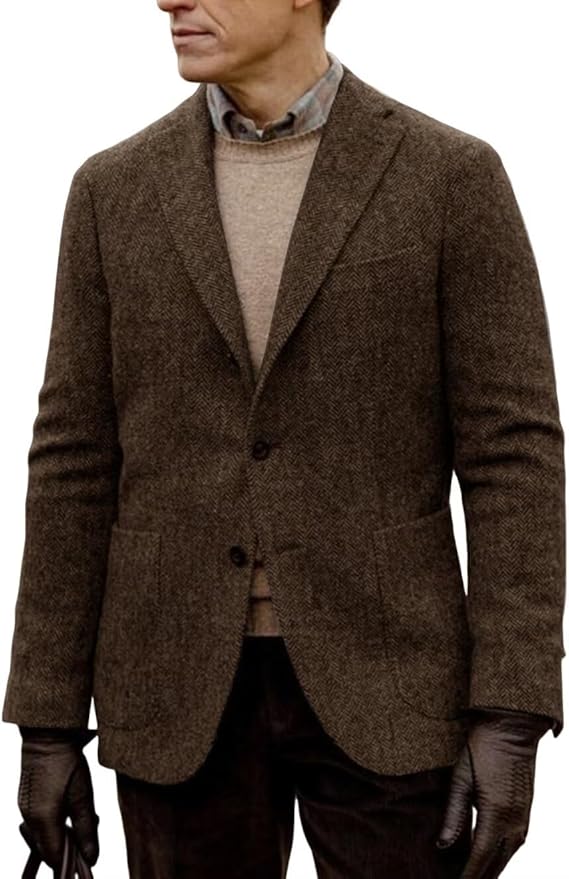 Men's 3-Button Wool Blend Blazer Vintage Herringbone Sport Jacket with Pocket Square