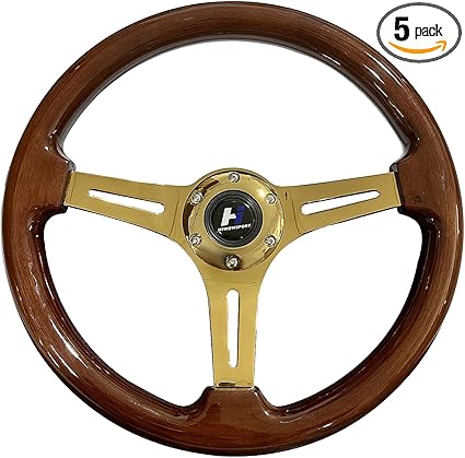 14" Universal Classic Wood Grain Steering Wheel Gold Chrome 3 Spoke 1.5 Depth Steering Wheel 350mm with Horn Button 6 bolts (-11)
