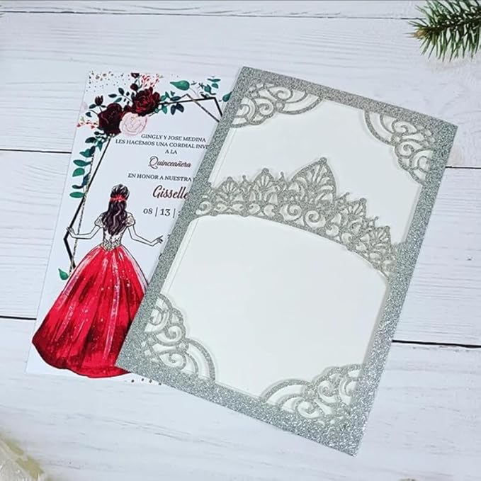 50 Pieces 5  7 Inch Crown Personalized Print Laser Cut Pocket Wedding Card Invitation Gold Silver Glitter Sweet 15 Quinceanera Invites (Silver)