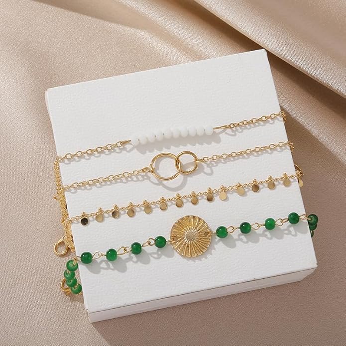 Ladies Link Bracelet Combination Bracelet Green Beaded Sequin Bracelet Set