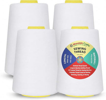 Mandala Crafts 40S/2 White Polyester 4 Pack of Serger Threads Cones