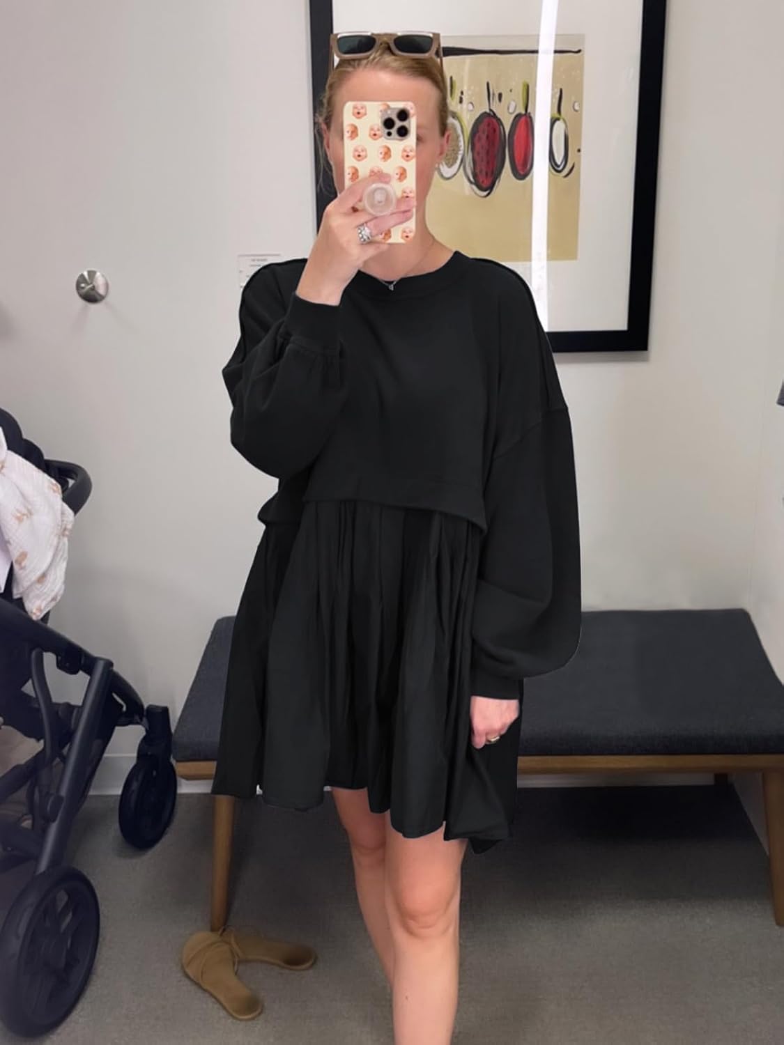 Dokuritu Sweatshirt Dress Women Crew Neck Long Sleeve Patchwork Pullover Tops Flowy Oversized Sweatshirt Mini Dress .