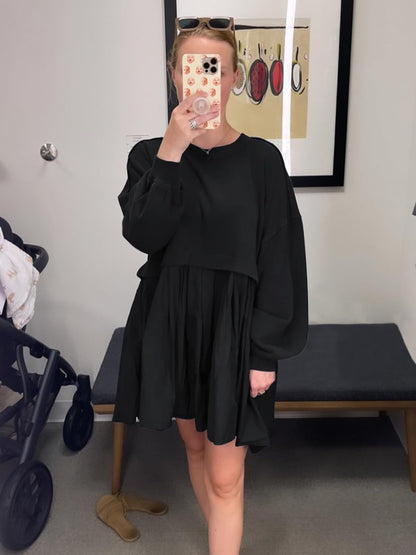 Dokuritu Sweatshirt Dress Women Crew Neck Long Sleeve Patchwork Pullover Tops Flowy Oversized Sweatshirt Mini Dress .
