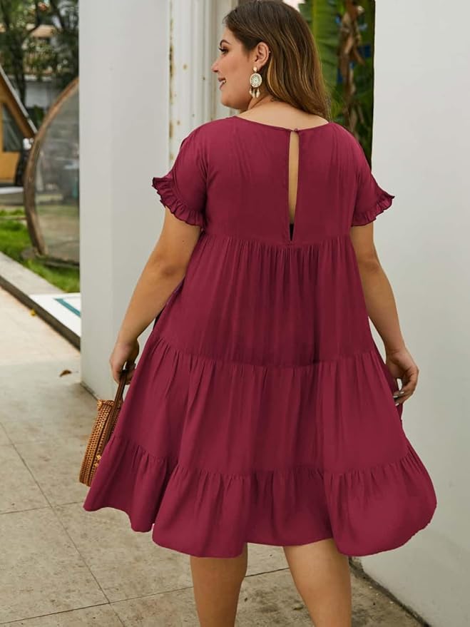 YOXUA Womens Plus Size Dress - Ruffle Short Sleeve Crewneck Color Block Loose Summer Beach Swing Dresses XL-4XL