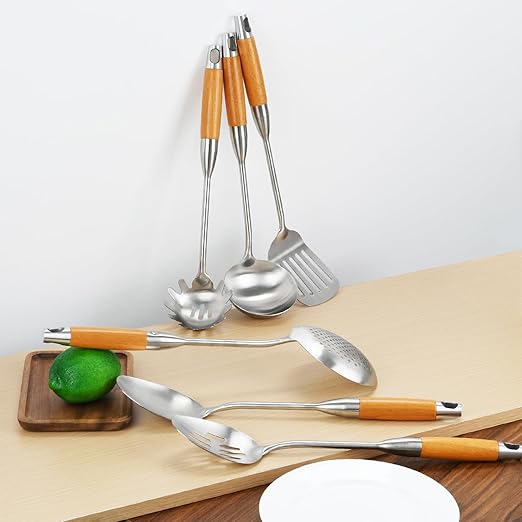 6 Pieces Stainless Steel 304 Kitchen Cooking Utensil Set, Metal 18/8 Stainless Steel Utensil Spatula Sets Cookware for Kitchen with Wood Handle