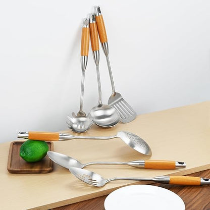6 Pieces Stainless Steel 304 Kitchen Cooking Utensil Set, Metal 18/8 Stainless Steel Utensil Spatula Sets Cookware for Kitchen with Wood Handle