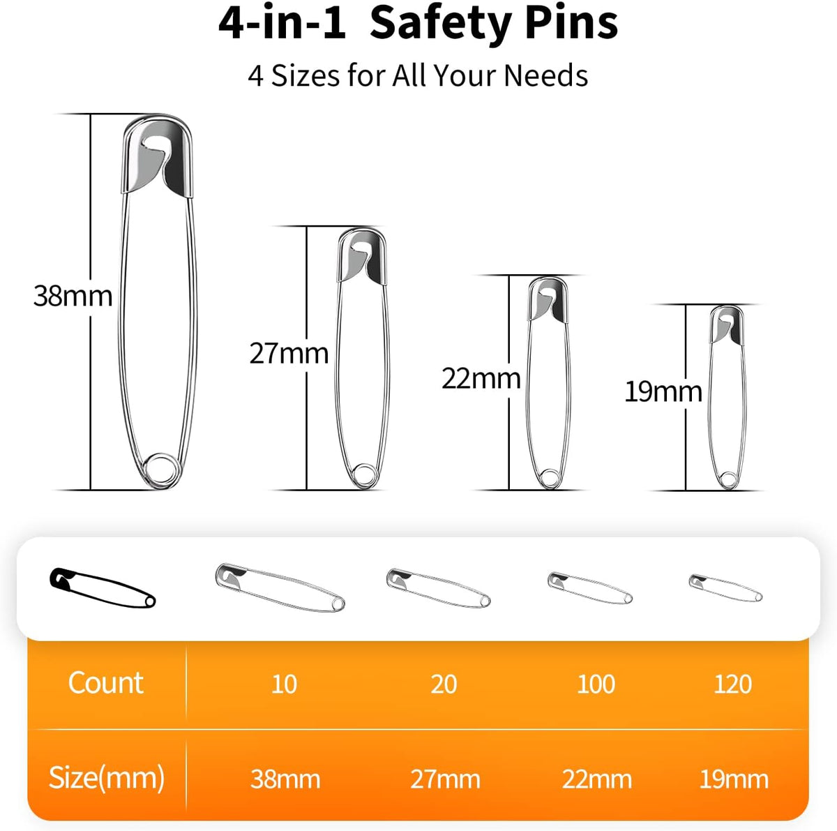 Premium Quality 4-Size Pack of Safety Pins- Top 250-Count Ц Durable, Rust-Resistant Nickel Plated Steel Set- Best Sewing Accessories Kit for Baby Clothing, Crafts, Arts (4-Size in 1 No.001)