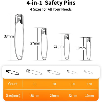 Premium Quality 4-Size Pack of Safety Pins- Top 250-Count Ц Durable, Rust-Resistant Nickel Plated Steel Set- Best Sewing Accessories Kit for Baby Clothing, Crafts, Arts (4-Size in 1 No.001)