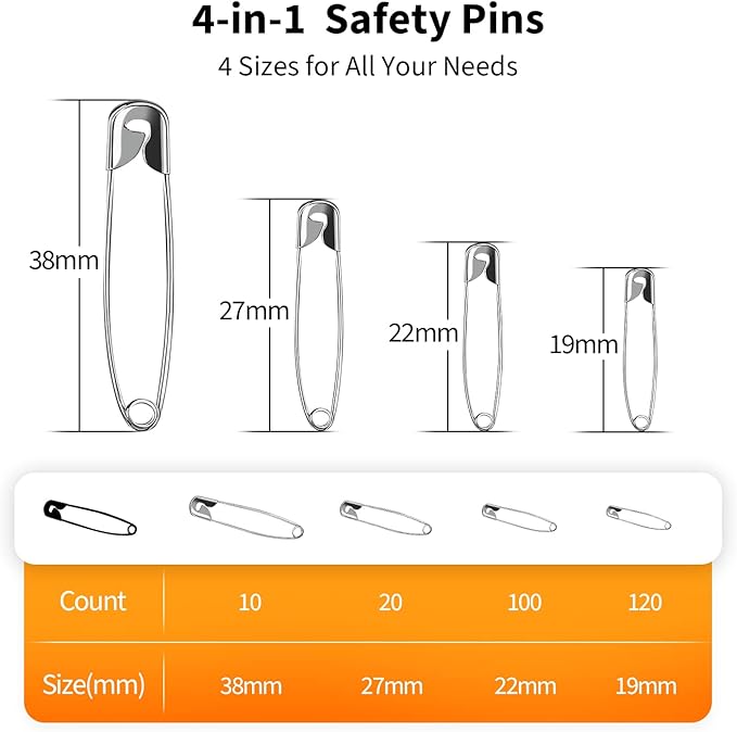 Premium Quality 4-Size Pack of Safety Pins- Top 250-Count – Durable, Rust-Resistant Nickel Plated Steel Set- Best Sewing Accessories Kit for Baby Clothing, Crafts, Arts (4-Size in 1 No.001)