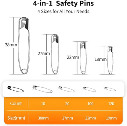 Premium Quality 4-Size Pack of Safety Pins- Top 250-Count – Durable, Rust-Resistant Nickel Plated Steel Set- Best Sewing Accessories Kit for Baby Clothing, Crafts, Arts (4-Size in 1 No.001)