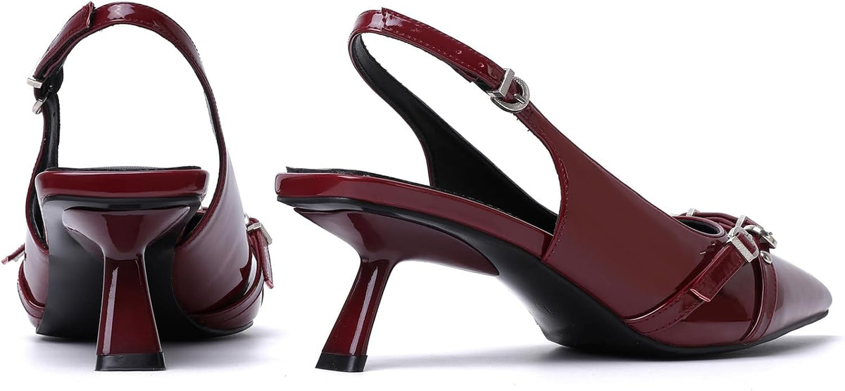 Mostrin Kitten Heels for Women Pointed Toe Pumps Patent Leather Low Heel Slingback Heels with Buckle Dress Shoes for Dating Party Working
