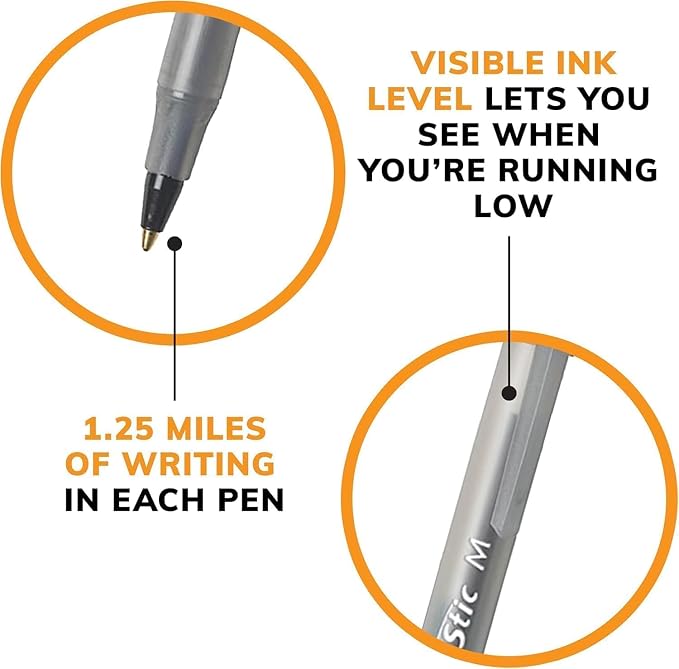 BIC Round Stic Xtra Life Ballpoint Pens - Medium Point 1.0mm, Ultra Long Lasting and Consistent Ink Flow, Pack of 96 Black Pens