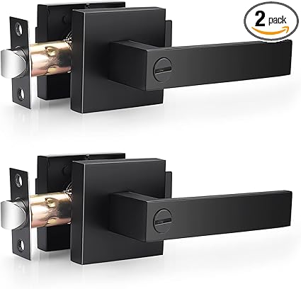Probrico 2 Pack Square Privacy Door Levers Matte Black Bed Bath Door Handles, Keyless Interior Door Lockset Heavy Duty Leversets for Left or Right Handed Doors