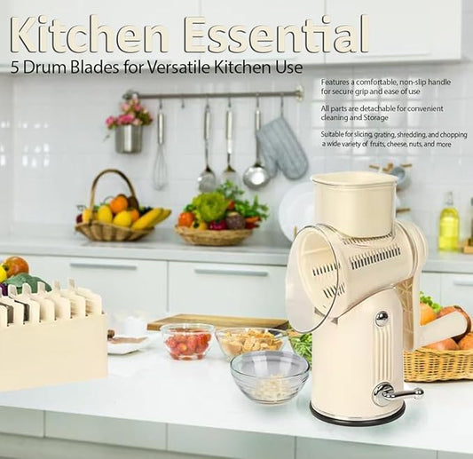 Premium Quality Rotary Cheese Grater with Handle - Kitchen Accessories Cucumber Slicer Vegetable Salad Grater, Vegetable Grater - Cheese Grater (Beige)