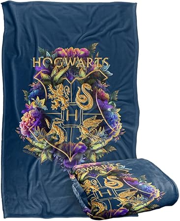 Harry Potter Hogwarts Multi-Colored Floral Crest Silky Touch Super Soft Throw Blanket 36" x 58",Hogwarts Multi-Colored Floral Crest, Blue