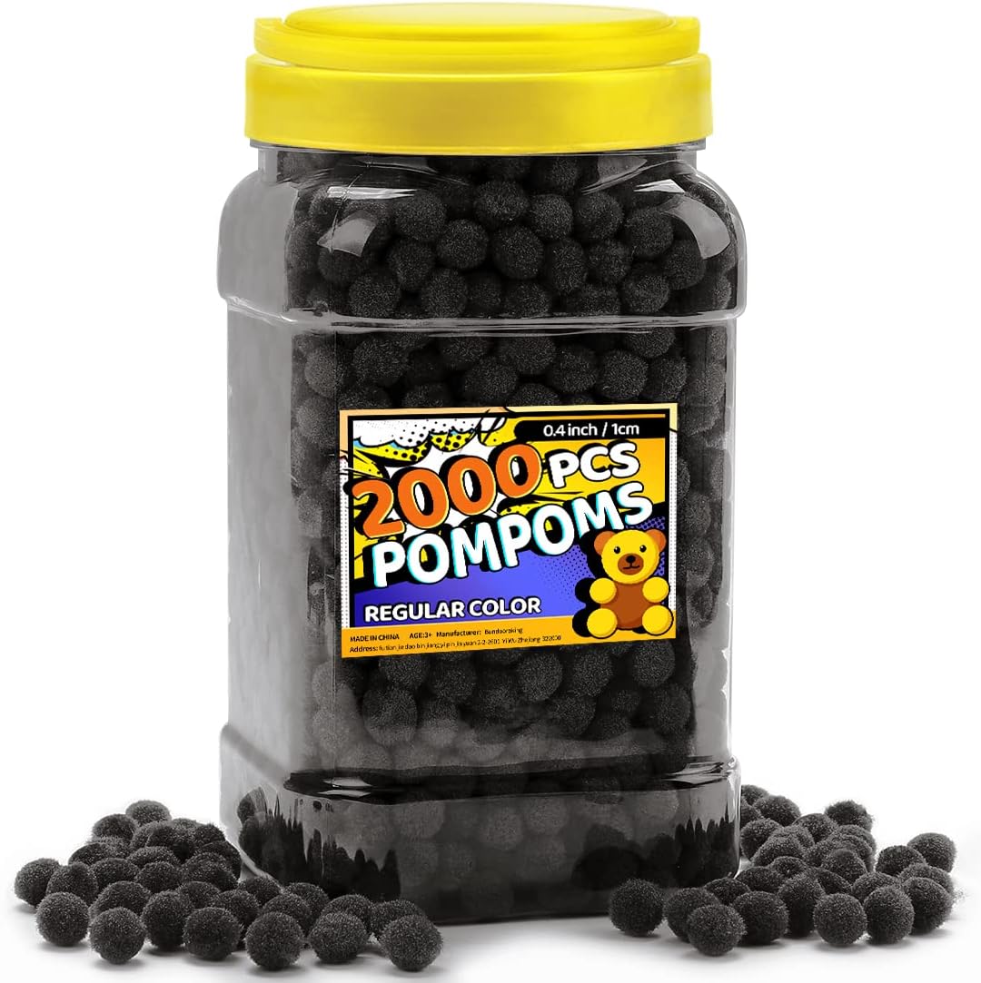 Bundooraking Black Pom Poms, 0.4inch (1cm), 2000pcs - Perfect for Crafts