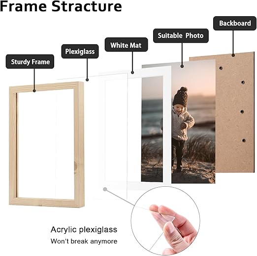 KINLINK 8x10 Picture Frames, Wood Grain Photo Frames with Plexiglass for Picture 5x7 with Mat or 8x10 without Mat, Composite Wood Picture Frames for Table Top and Wall Mounting