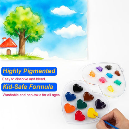 ARTLYMERS Watercolor Paint Set, 2 Pack Heart Water Color Paint Sets for Kids with Paintbrush Washable, Valentines Gifts Art Supplies for Preschool Classroom Party Favor Prizes Exchange