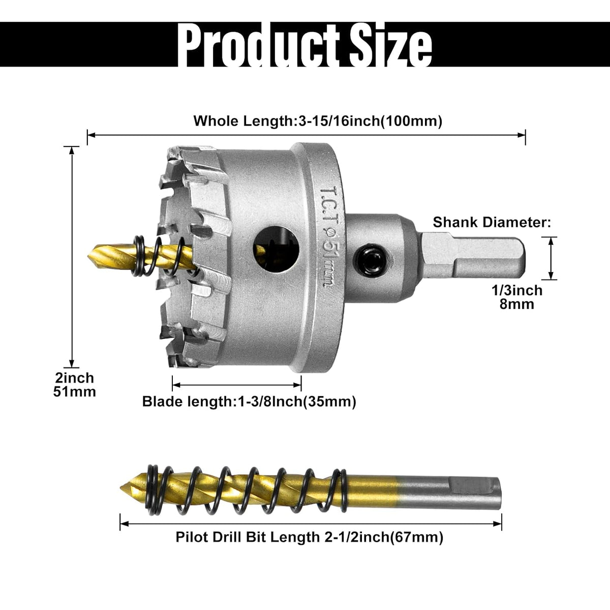 SALI 2" (51mm) TCT Hole Saw Kit Tungsten Carbide Tipped Hole Saw Drill Bit with Titanium-Plated Pilot Drill bit for Metal, Stainless Steel, Iron, Plastic