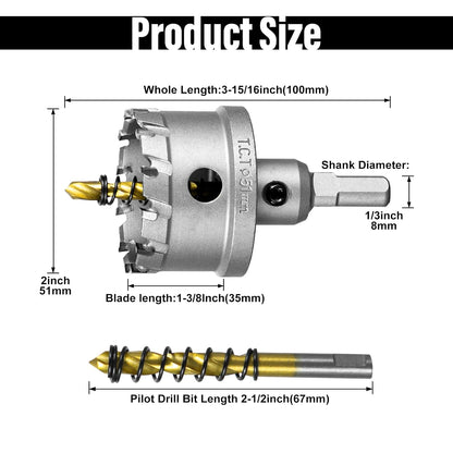 SALI 2" (51mm) TCT Hole Saw Kit Tungsten Carbide Tipped Hole Saw Drill Bit with Titanium-Plated Pilot Drill bit for Metal, Stainless Steel, Iron, Plastic