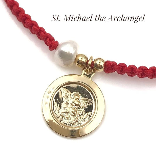 Handwoven Red Thread with Saint Michael Archangel Medal and Cultured Fresh Water Pearl - Catholic Protection Bracelet Adjustable Size for Women