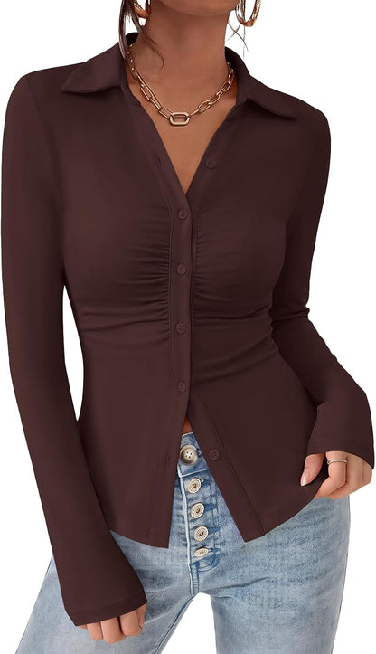 PRETTYGARDEN Womens Button Down Shirts V Neck Collared Ruched Slim Fit Long Sleeve Shirt Casual Spring Fashion Ladies Tops.