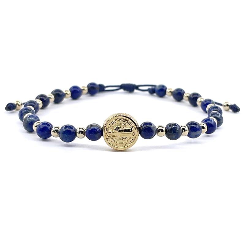 St Benedict Coin and Natural Round Red Coral Beads Adjustable Bracelet for Women (Blue Lapis Lazuli)