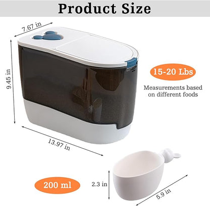 BNOSDM Cartoon Cat Food Storage Container 10-15 Lbs Dog Food Bin with Spring Lid and Cute Scoop, Plastic Pet Storage Container for Cat Dog Bird Dry Food (Blue)