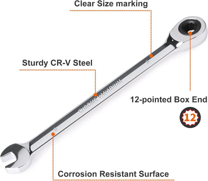 Egofine 6mm Ratcheting Combination Wrench Metric, Industrial Grade Gear Spanner with 12-Point Design, 72-Tooth Ratchet, Chrome Vanadium Steel