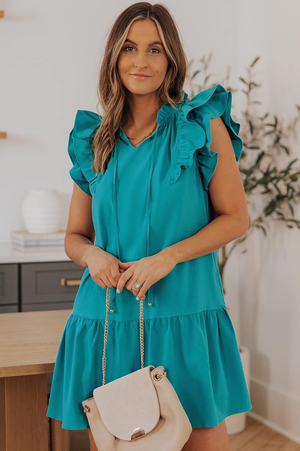 Dokotoo Womens Summer Dresses 2025 V-Neck Drawstring Ruffle Cap Short Sleeve Side Pockets Mini Dress Sundress