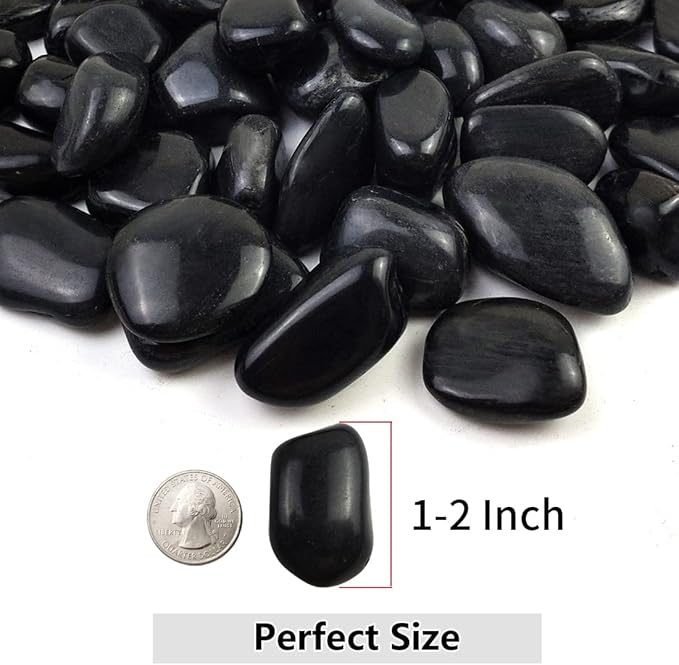 2lbs Black Pebbles for Plants, 1-2 Inch High Polished Natural River Rocks for Landscaping, Decorative Stones Vase Filler Fish Tank Aquariums Garden Outdoor and Indoor DIY
