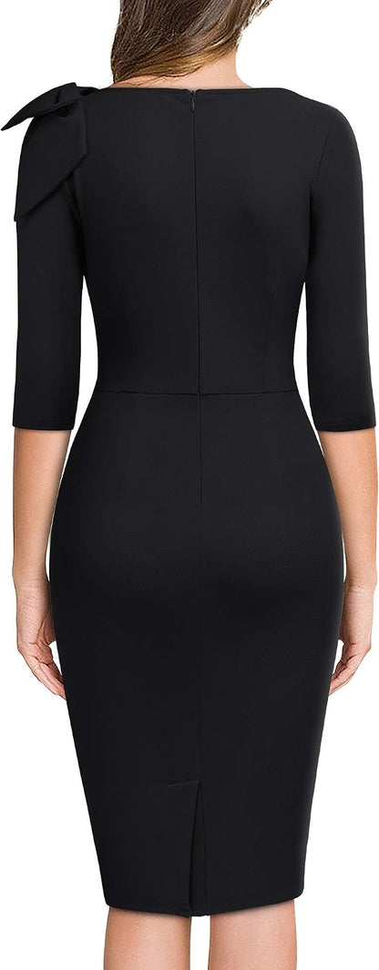 Miusol Women's 1950s Style Bow 2/3 Sleeve Business Pencil Dress .