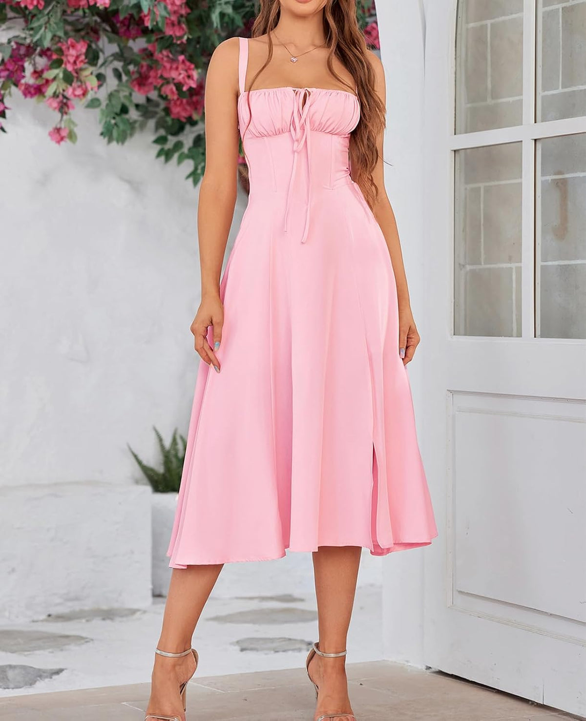 Women Summer Corset Midi Dress 2026 Floral Wedding Guest Flowy Slit Lace Up Dresses Tea Party A Line Casual Milkmaid Sundress