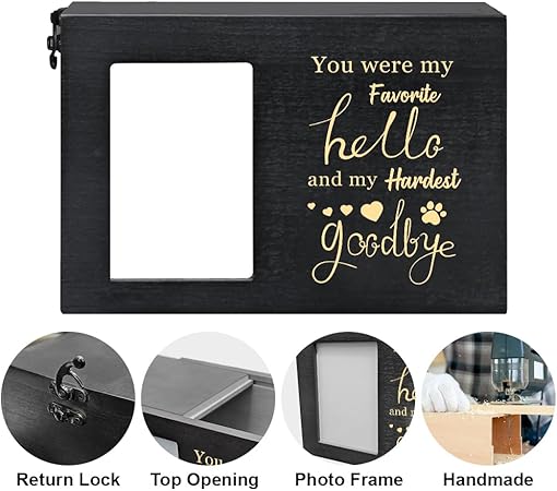 Pet Urns for Dog or Cat Ashes, Wooden Pet Cremation Urns with Photo Frame, Large Keepsake Memory Box Loss Pet Sympathy Remembrance Gift, 7.87" x 5.51" x 5.51" (Black)