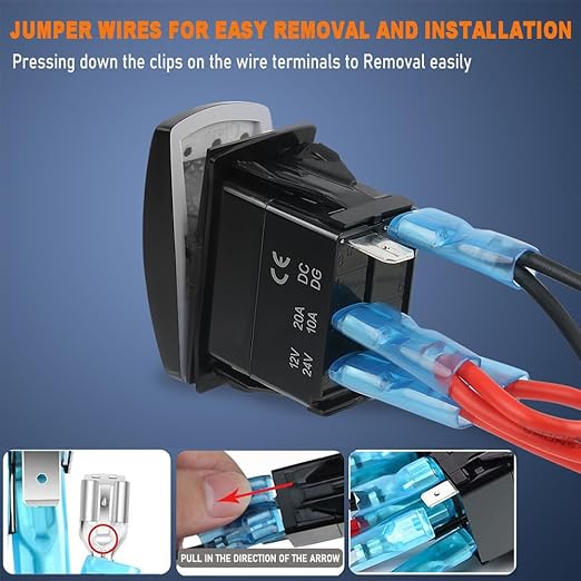 Rear Lights Rocker Switch Toggle On-Off 12V20A 24V10A Waterproof 5Pin Laser SPST Toggle Switch Blue Backlit with Jumper Wires Set for Marine Boat Car Truck RV SUV
