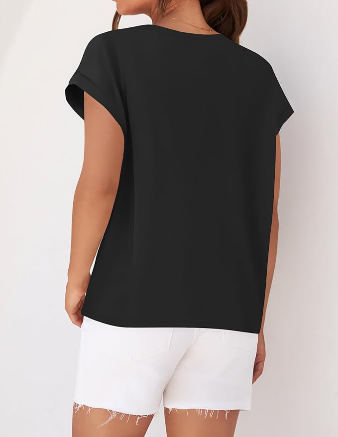 ZESICA Womens Summer Cap Sleeve Crewneck Tops Casual Loose Striped T-Shirts Basic Tees