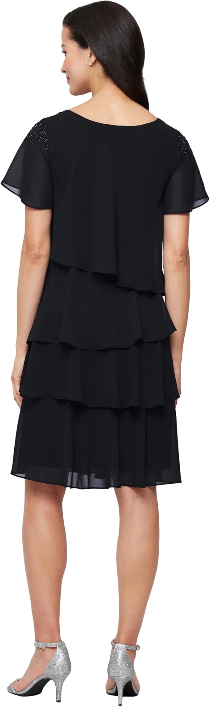 S.L. Fashions Women's V-Neck Chiffon Cocktail Dress with Beaded Shoulders and Asymmetrical Tiers (Petite and Regular Sizes).