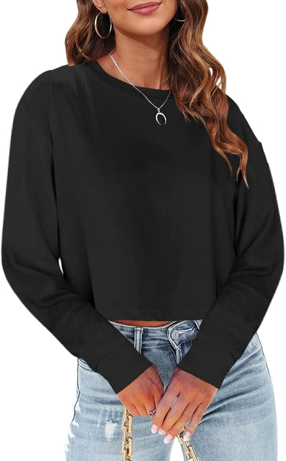 Tankaneo Womens Long Sleeve Crop Tops Oversized Cropped Tshirt | Fall,Loose Fit,Crew Neck,Casual Shirts,Basic Tee