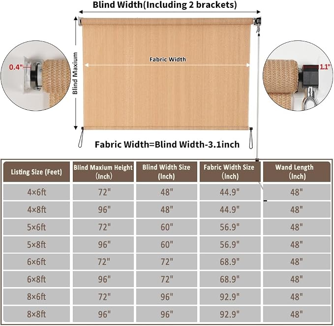 Outdoor Sunshade Roller Shade 6'W x 6'H (72" Wx72 H), Exterior Cordless Roll Up Shades Blinds, UV Protection Shade Cloth with Crank Operation for Outside Windows Patio Porch Gazebo, Walnut