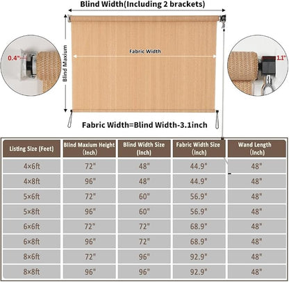 Outdoor Sunshade Roller Shade 6'W x 6'H (72" Wx72 H), Exterior Cordless Roll Up Shades Blinds, UV Protection Shade Cloth with Crank Operation for Outside Windows Patio Porch Gazebo, Walnut