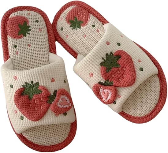 Women Kawaii Slippers Indoor Linen Slippers Strawberry Linen Cotton Slippers Home Floor Non-Slip Slides