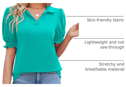 Micoson Womens Short Sleeve Polo T Shirts V Neck Casual Collared Tops Puff Sleeve Work Tunic Blouses