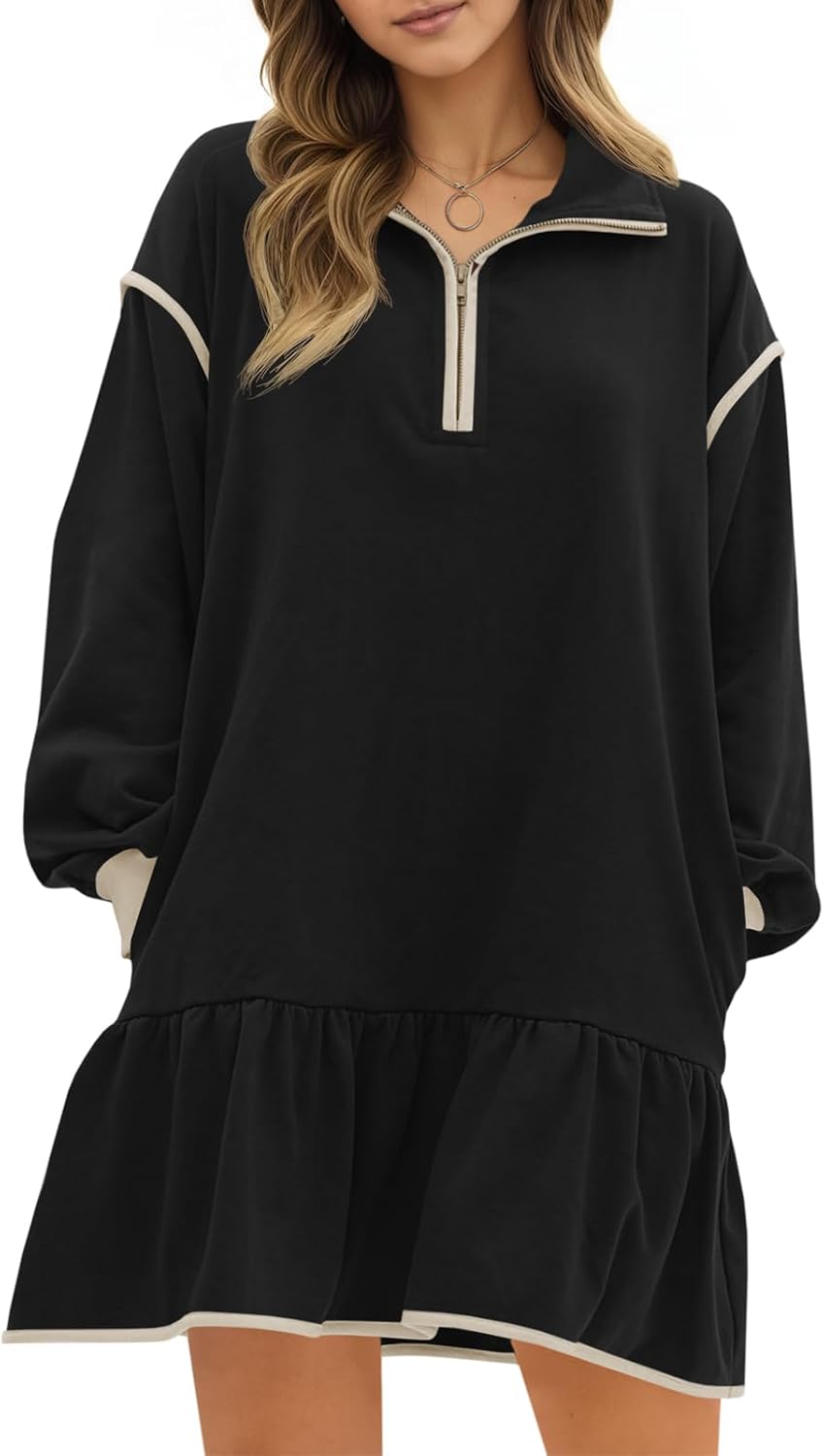 Wenrine Womens 2025 Fall Oversized Sweatshirt Dress Casual Long Sleeve Quarter Zip Ruffle Hem Pullover Mini Dresses