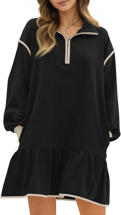 Wenrine Womens 2025 Fall Oversized Sweatshirt Dress Casual Long Sleeve Quarter Zip Ruffle Hem Pullover Mini Dresses