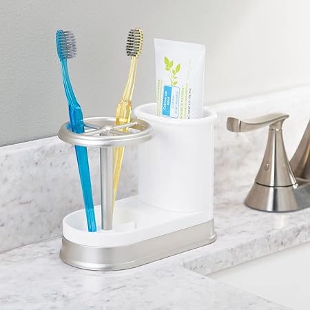 mDesign Decorative Bathroom Dental Storage Organizer Holder Stand for Electric Spin ToothbrushToothpaste - Compact Design for Countertop and Vanity, Holds 4 Standard Brushes - WhiteMatte Satin