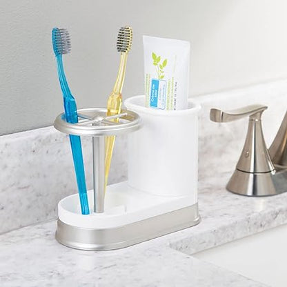 mDesign Decorative Bathroom Dental Storage Organizer Holder Stand for Electric Spin ToothbrushToothpaste - Compact Design for Countertop and Vanity, Holds 4 Standard Brushes - WhiteMatte Satin