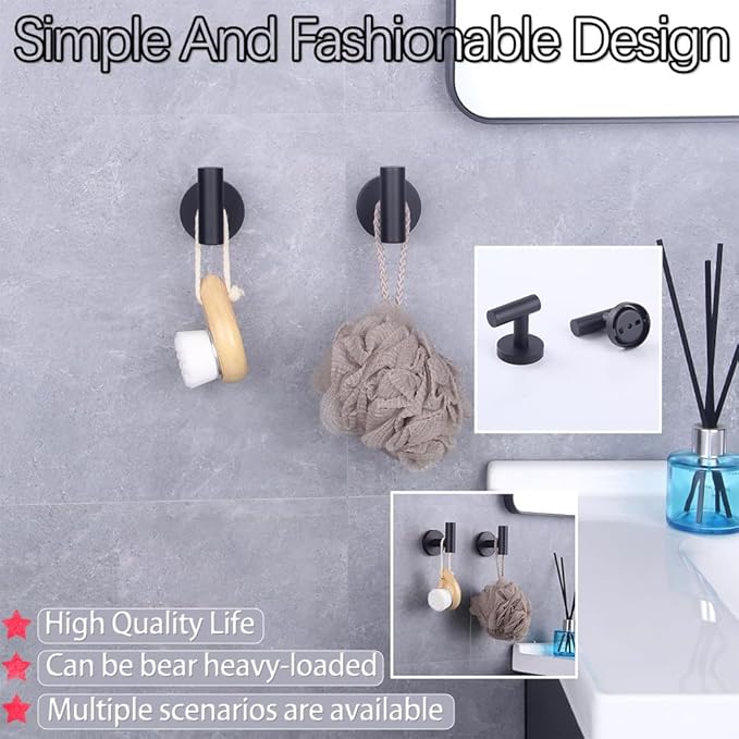 GERZWY Bathroom Matte Black Coat Hook SUS 304 Stainless Steel Single TowelRobe Clothes Hook for Bath Kitchen Contemporary Hotel Style Wall Mounted 2 Pack AG1107B-BK