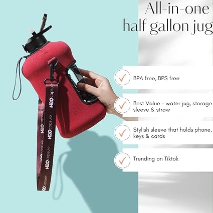 H2O Capsule 2.2L Half Gallon Water Bottle with Storage Sleeve and Covered Straw Lid  BPA Free Large Reusable Drink Container with Handle - Big Sports Jug, 2.2 Liter (74 Ounce)