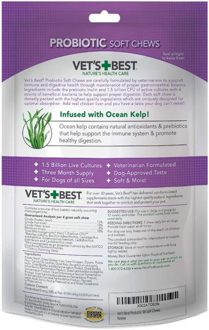 Vets Best Probiotic Soft Chews for Dogs  Daily Digestive Support Supplement with Prebiotics for Gut Health  Natural Dog Chews for Healthy Digestion and Immunity  90 Count