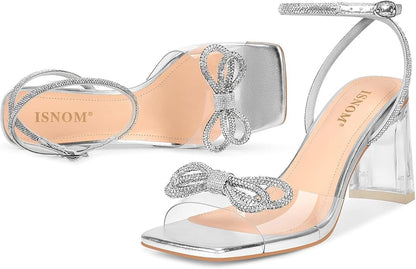 ISNOM Clear Heels for Women with Square Toe, Wedding Heels with Bow | Chunky Heels, Sparkly Heels, PVC, Party, Festive, Gift, Paired with Daily Wear, Wearing It All Day